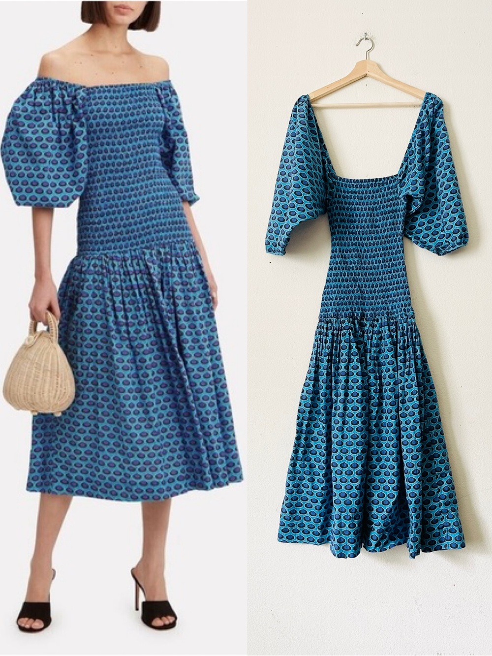 Rhode Resort XS Harper Shirred blue printed smocked midi dress